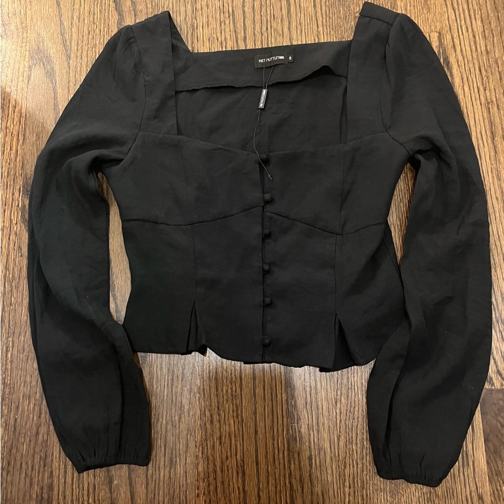 Pretty Little Black Button Long Sleeve Crop Blouse